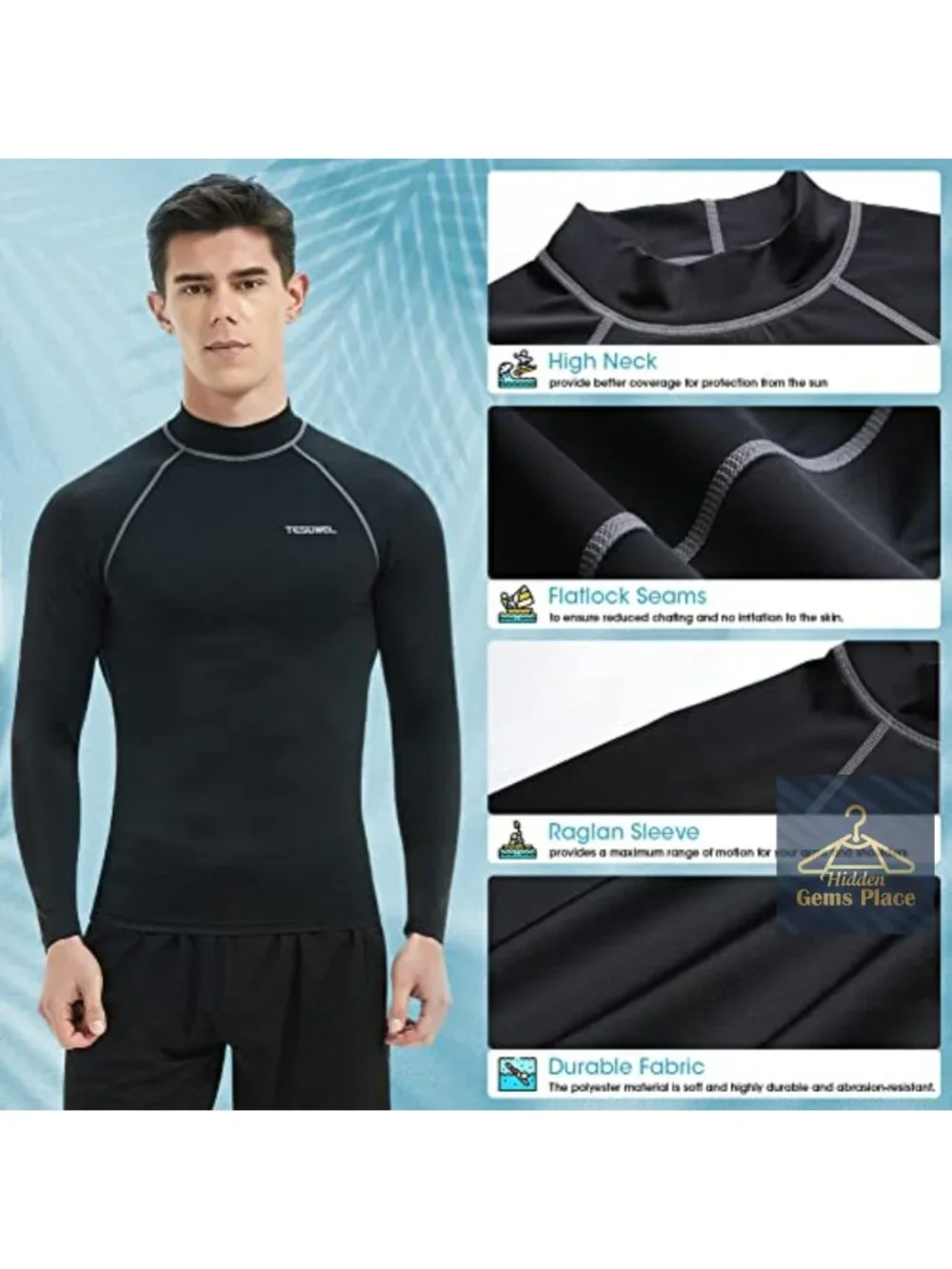 Men's Long Sleeve UPF 50+ Rash Guard Shirt - Quick Dry Swim Tee